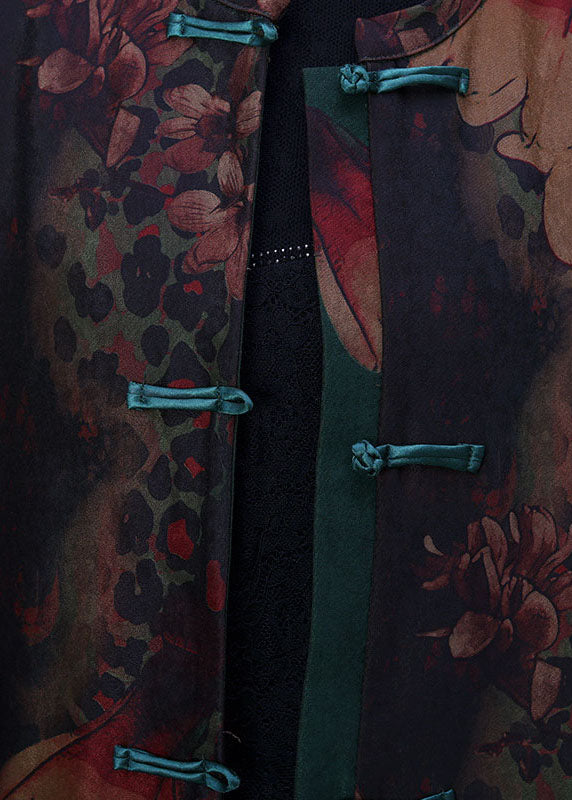 Green Print Patchwork Side Open Oriental Button Cotton Trench Coat Long Sleeve