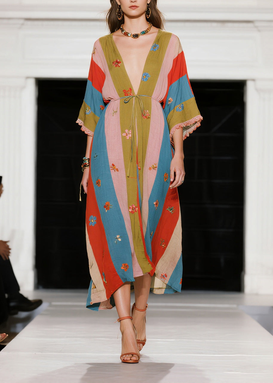 Colorblock Tie Waist Print Cotton Long Dress Summer