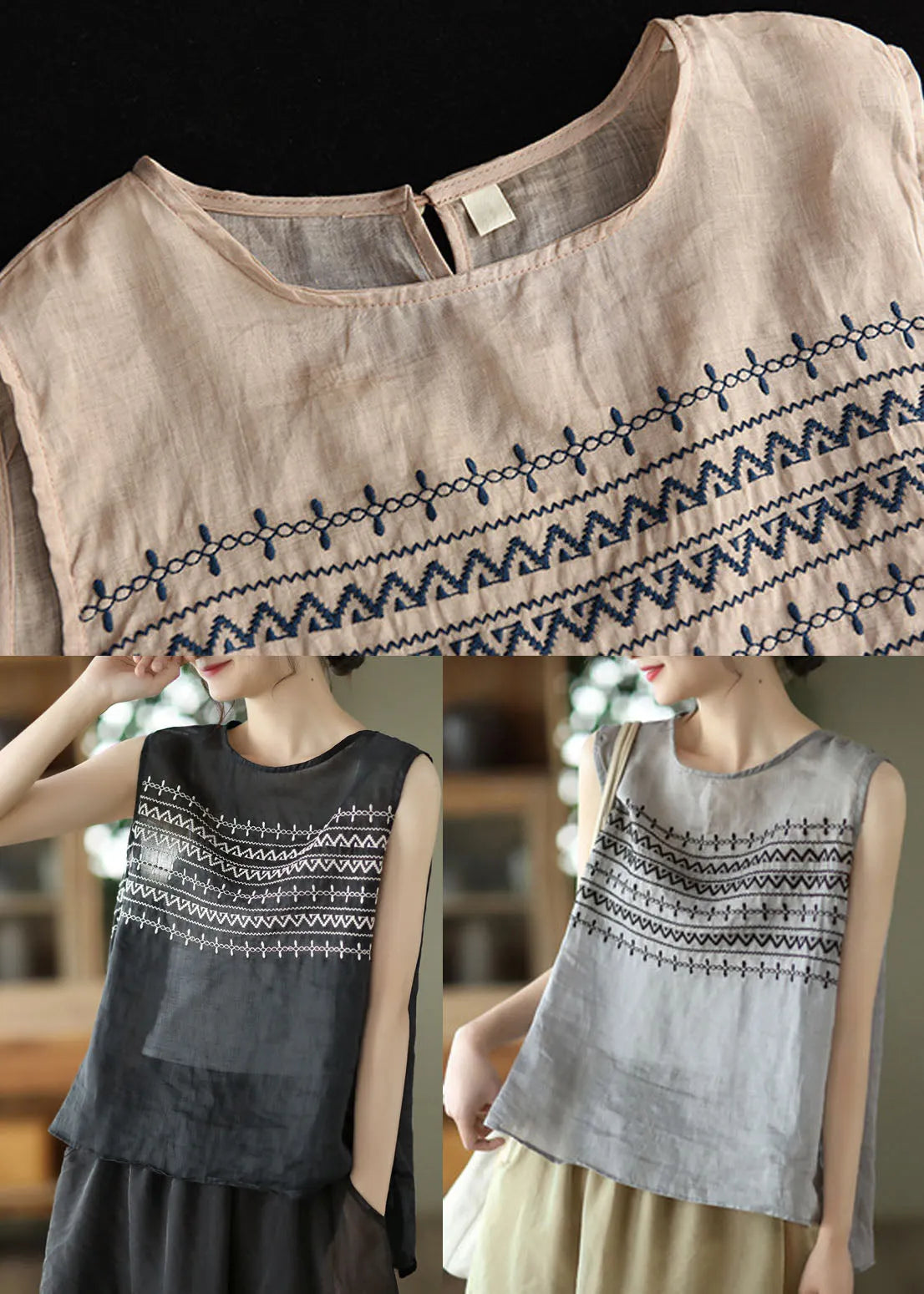 Black Embroideried Linen Tank Tops Sleeveless