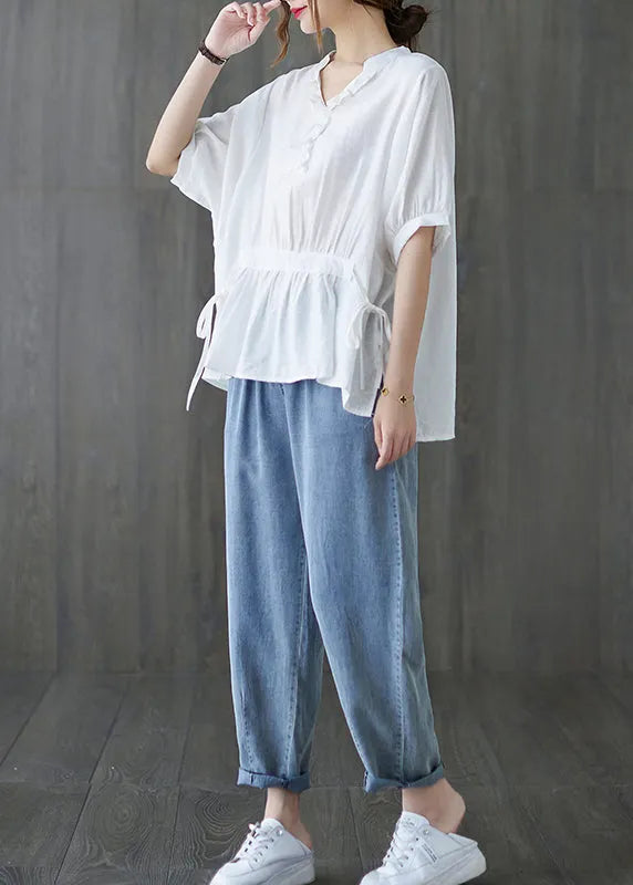White V Neck Drawstring Ruffled Tank Tops Short Sleeve