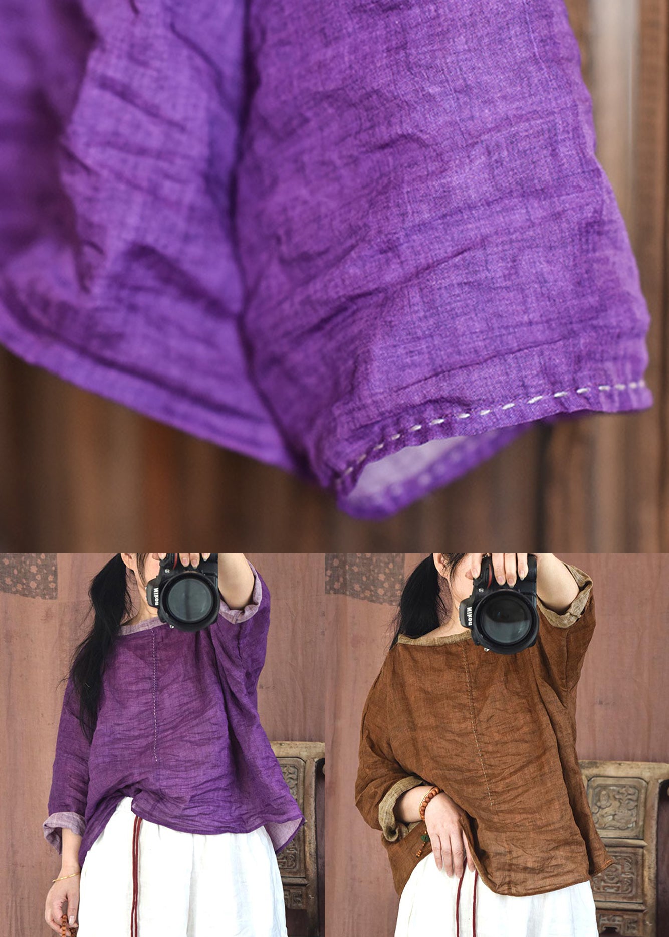 Coffee Cozy Patchwork Linen Shirts O-neck Long Sleeve
