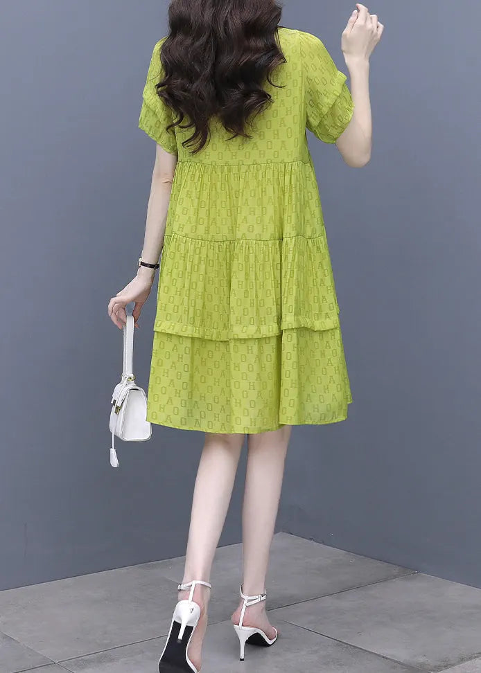 Fluorescent Green O-neck Graphic Patchwork Mid Dress Summer