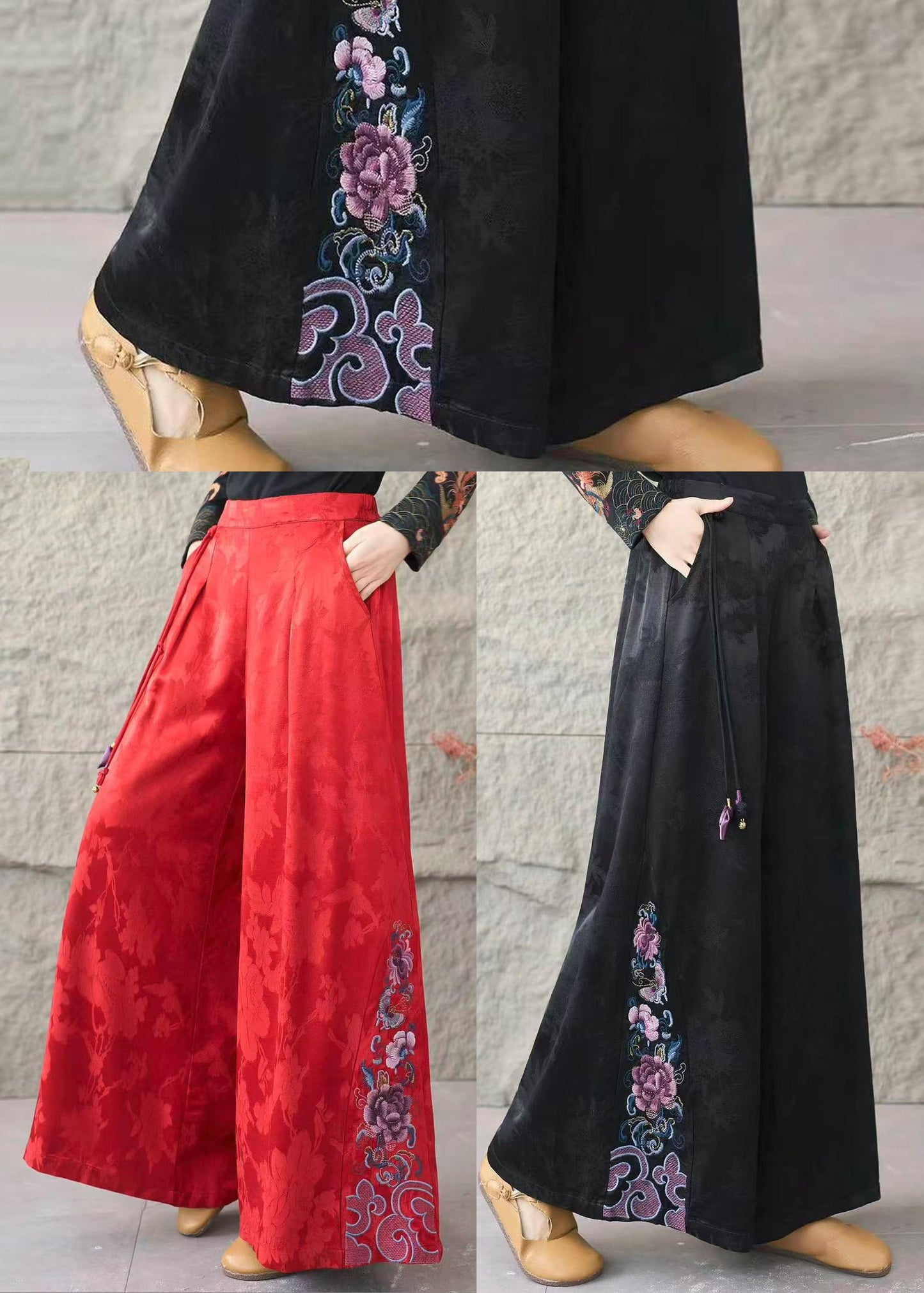 Red Embroidered Jacquard Silk Straigh Pants Spring