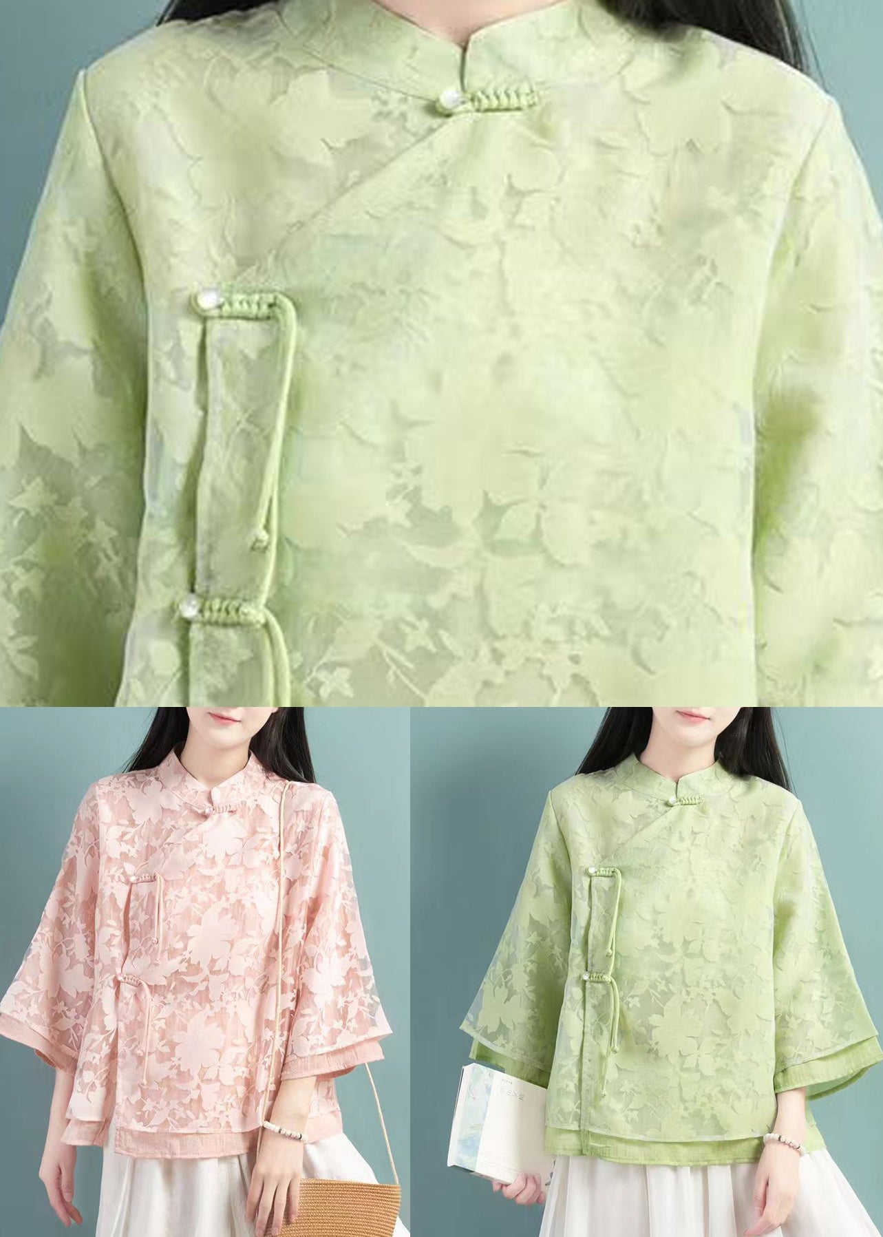 Green Stand Collar Tasseled Patchwork Tulle Shirt Tops Fall