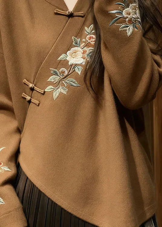 Chinese Style Brown V Neck Knit Sweater Fall