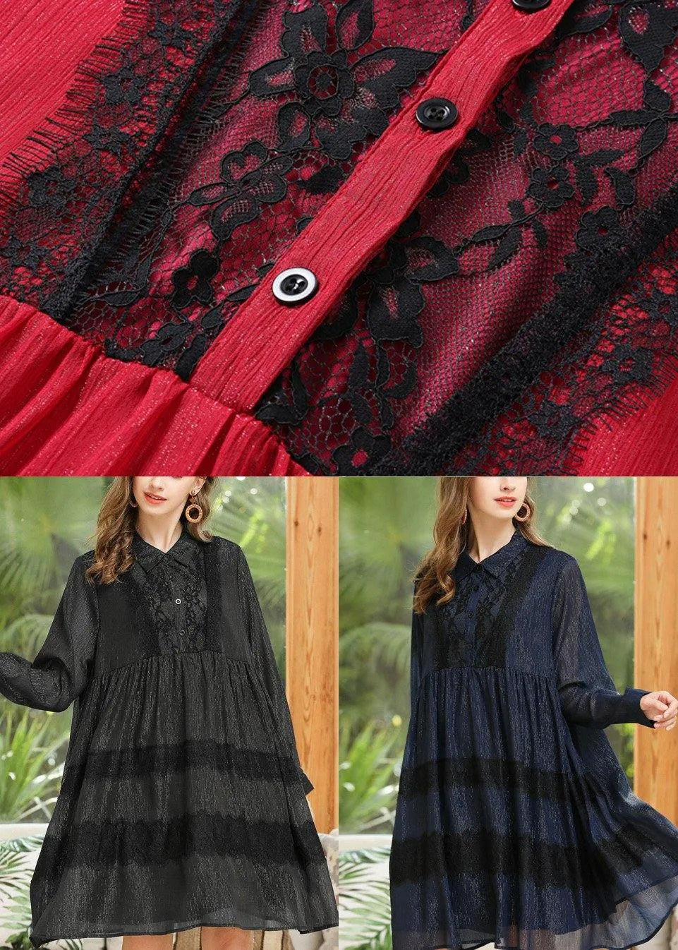 Navy Button Chiffon Patchwork Summer Dress