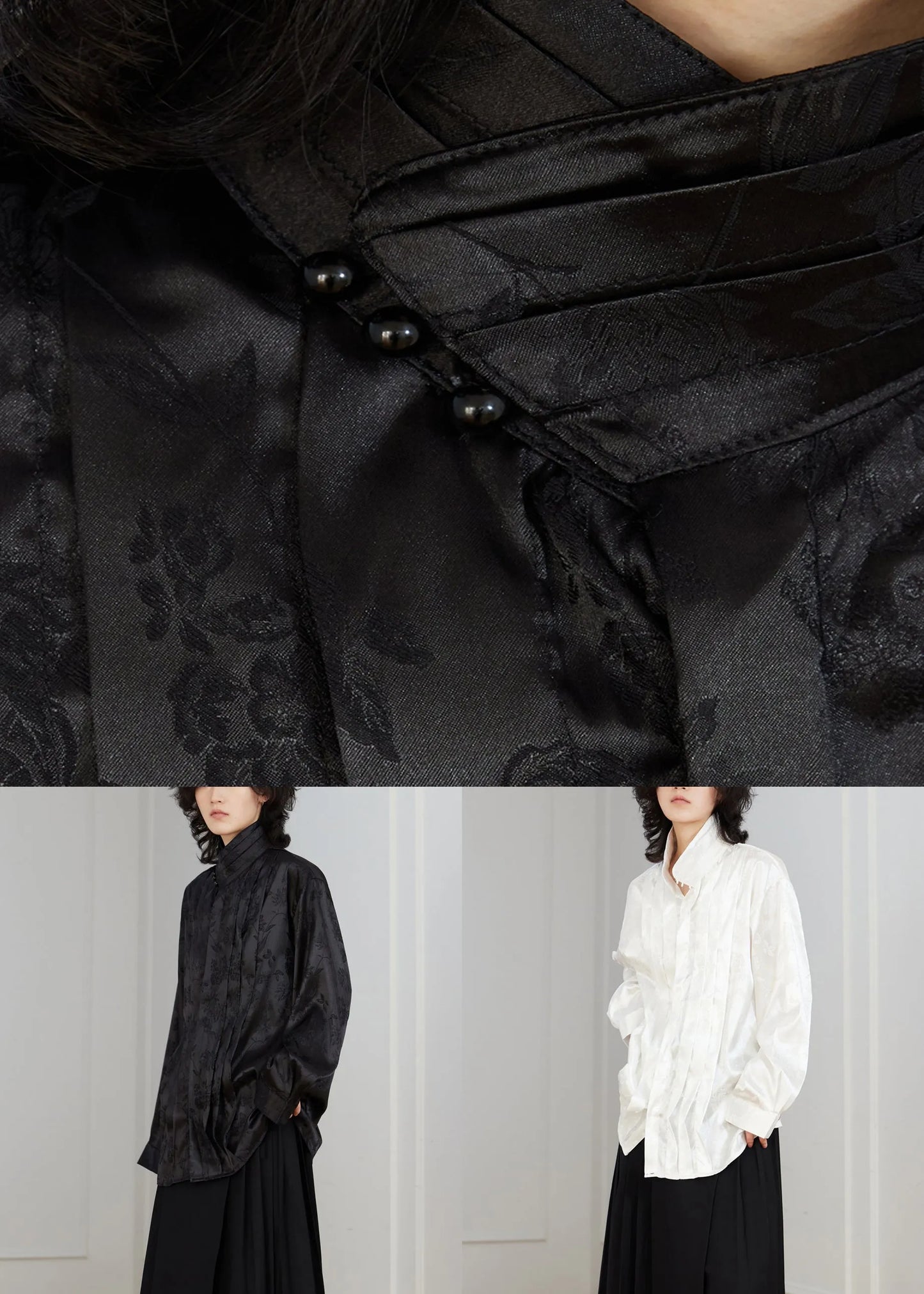 Chinese Style Black Stand Collar Button Silk Blouse Fall