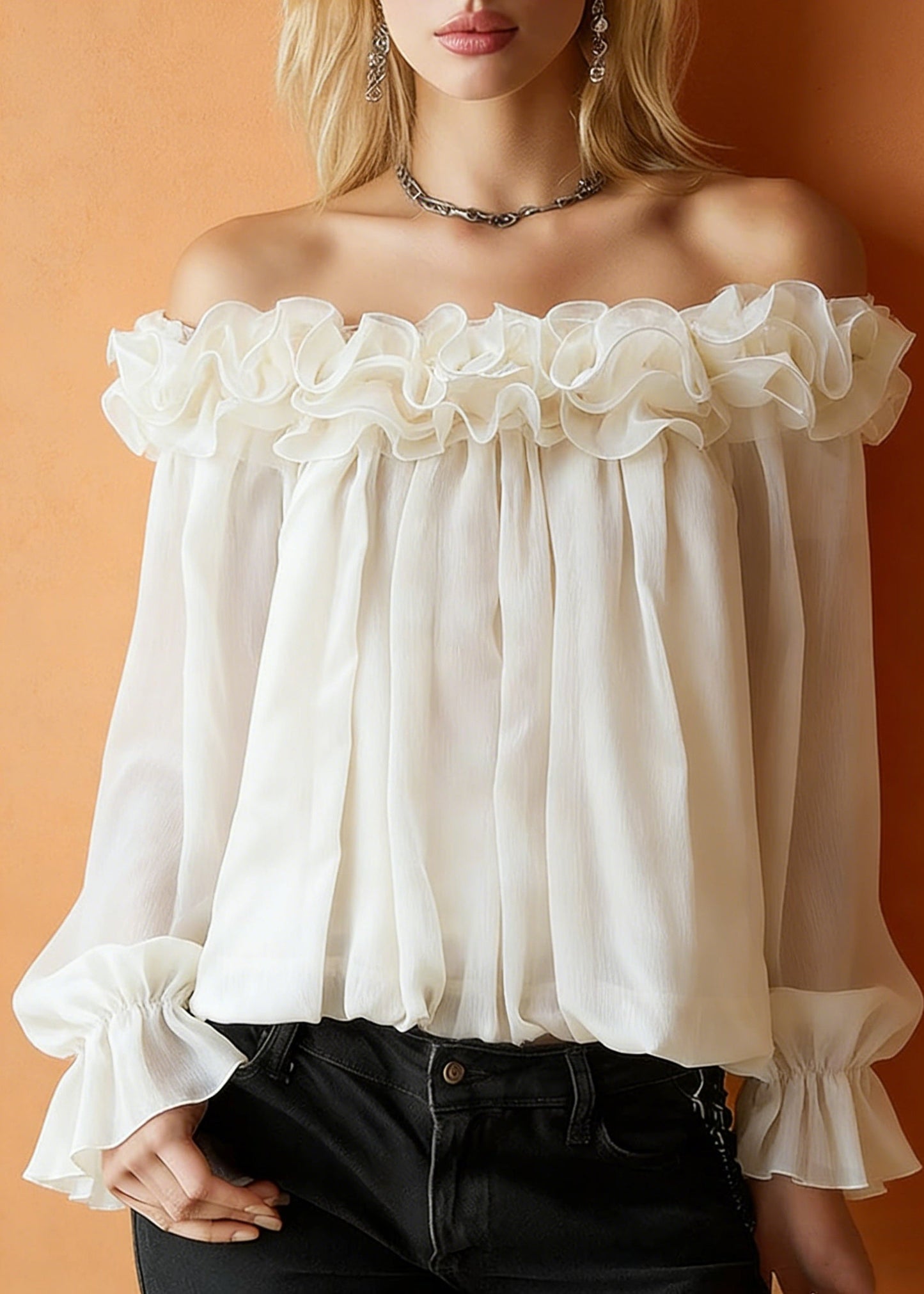 Apricot Ruffled Blouses Slash Neck Spring
