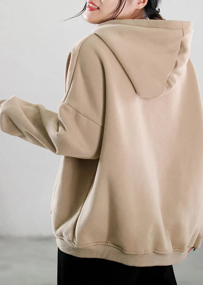 Khaki Patchwork Drawstring Warm Fleece Hoodies Pullover Fall