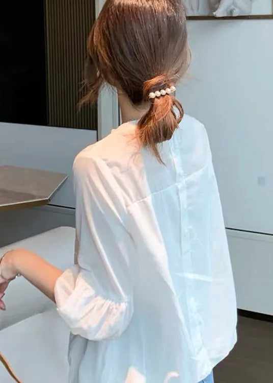 White Hollow Out Patchwork Cotton Shirt Lantern Sleeve