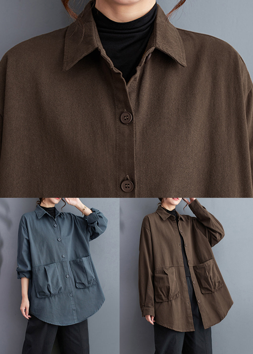 Loose Coffee Pockets Cotton Shirts Long Sleeve