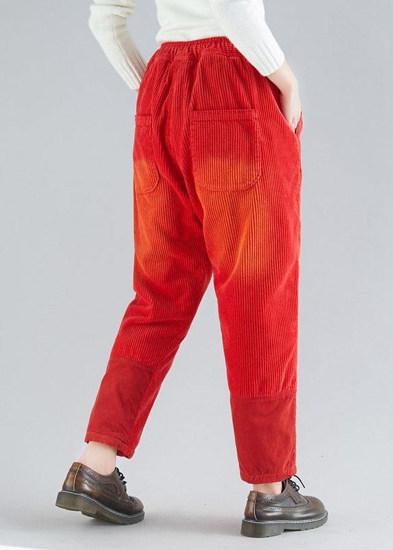 Red Retro Colorblock Tie Waist Fall Corduroy Pants