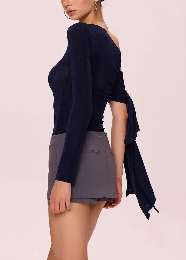 New Navy Asymmetrical Cold Shoulder Cotton T Shirt Fall