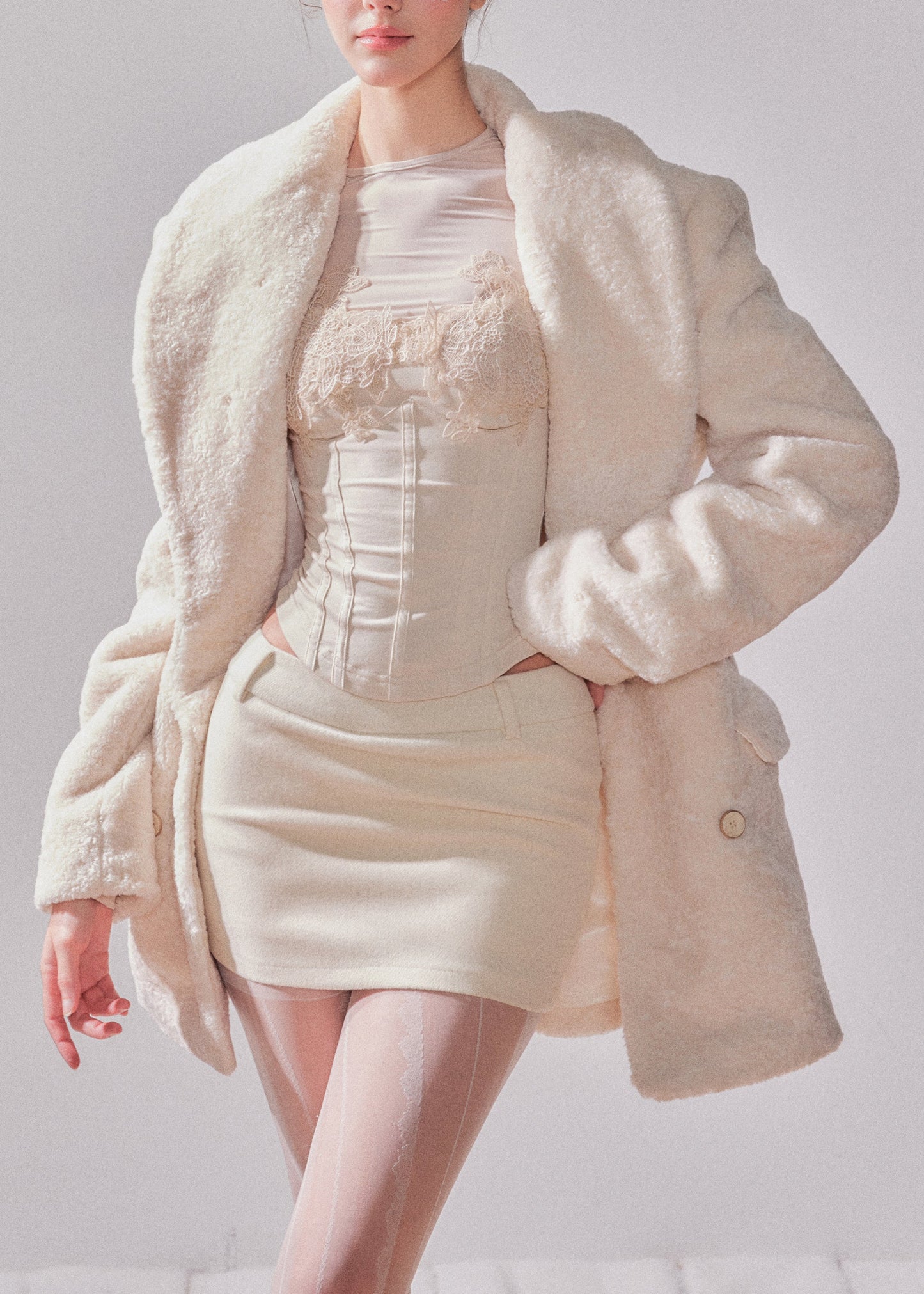 White Notched Patchwork Button Faux Fur Coats Winter