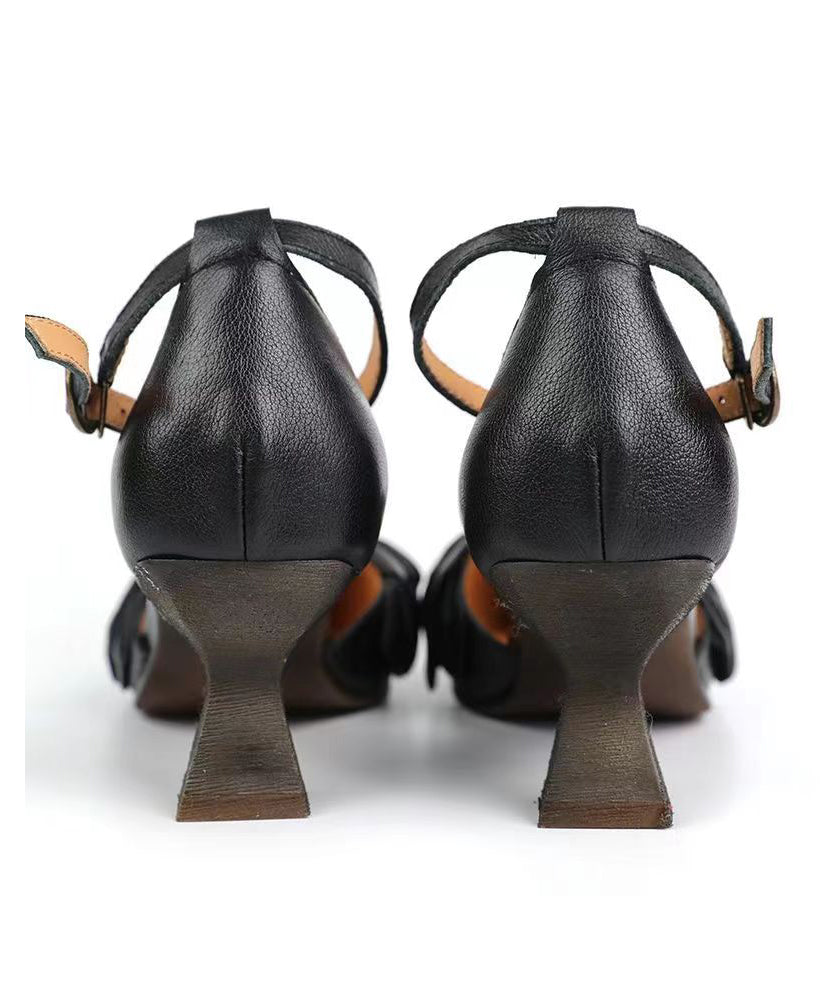 Boutique Black High Heel Cowhide Leather Sandals Buckle Strap