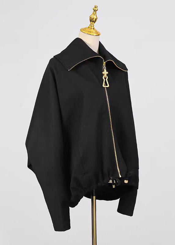 Black Zipper Drawstring Splicing Design Jacket Batwing Sleeve