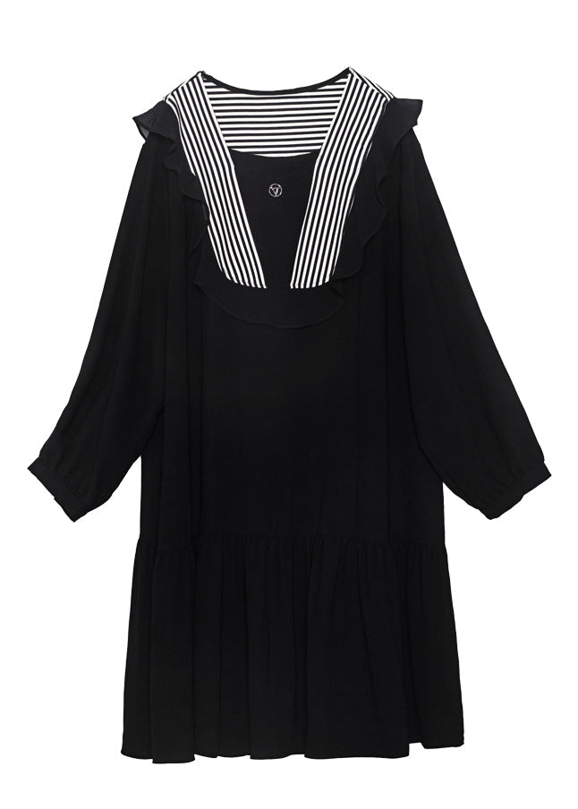 Style Black O-neck Patchwork Ruffles Chiffon Party Dress Spring