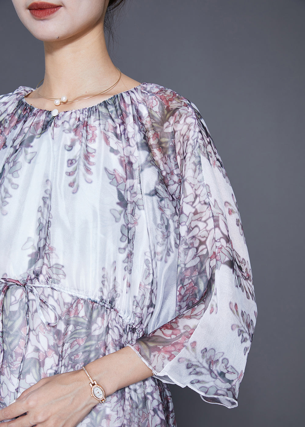 White Cinched Print Silk Long Dress Summer