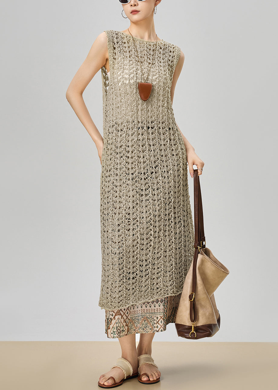 French Khaki Hollow Out Knit Dress and Print Skirts Two Pieces Set Sleeveless