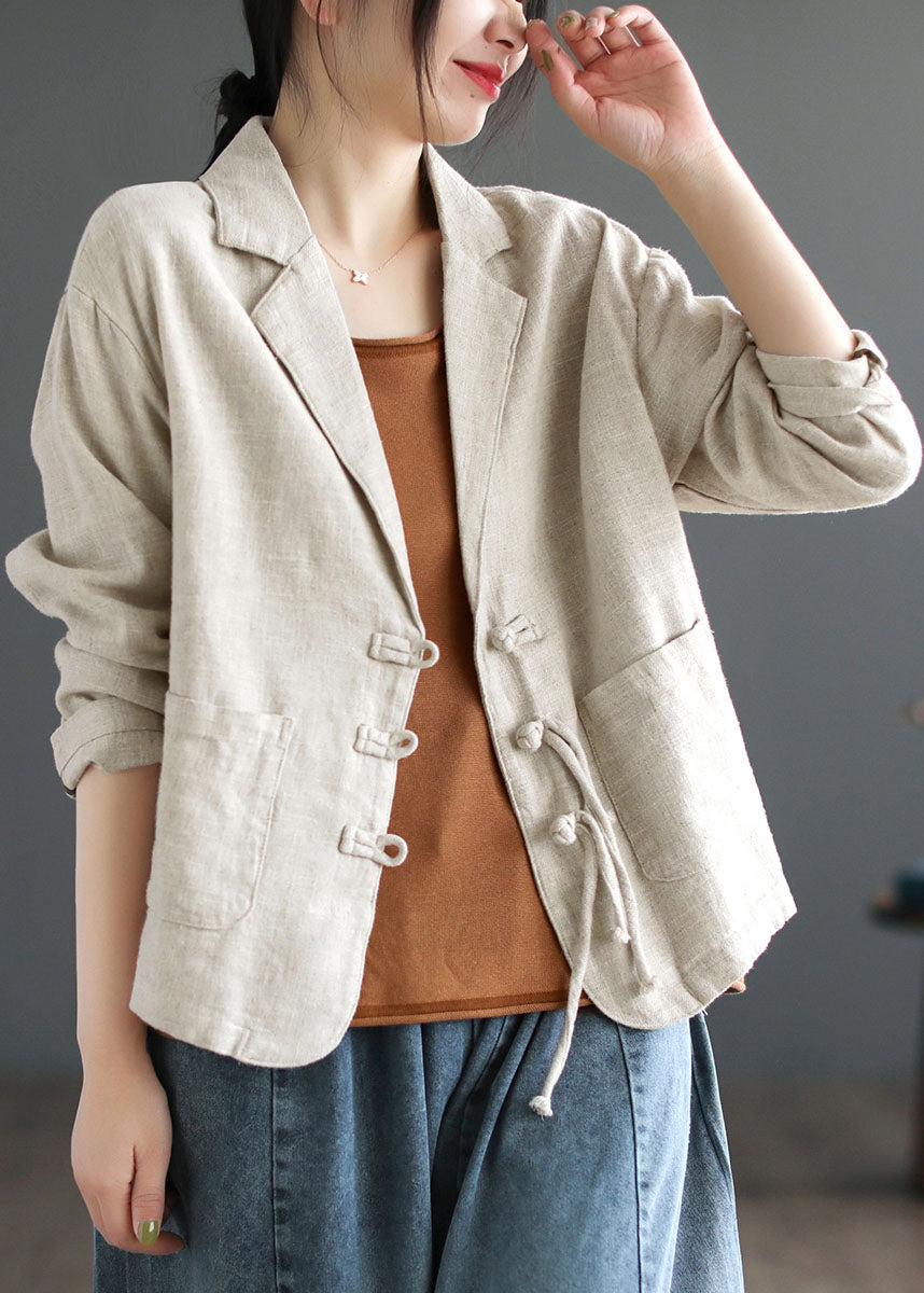 Brown Tasseled Button Pockets Patchwork Linen Coats Fall