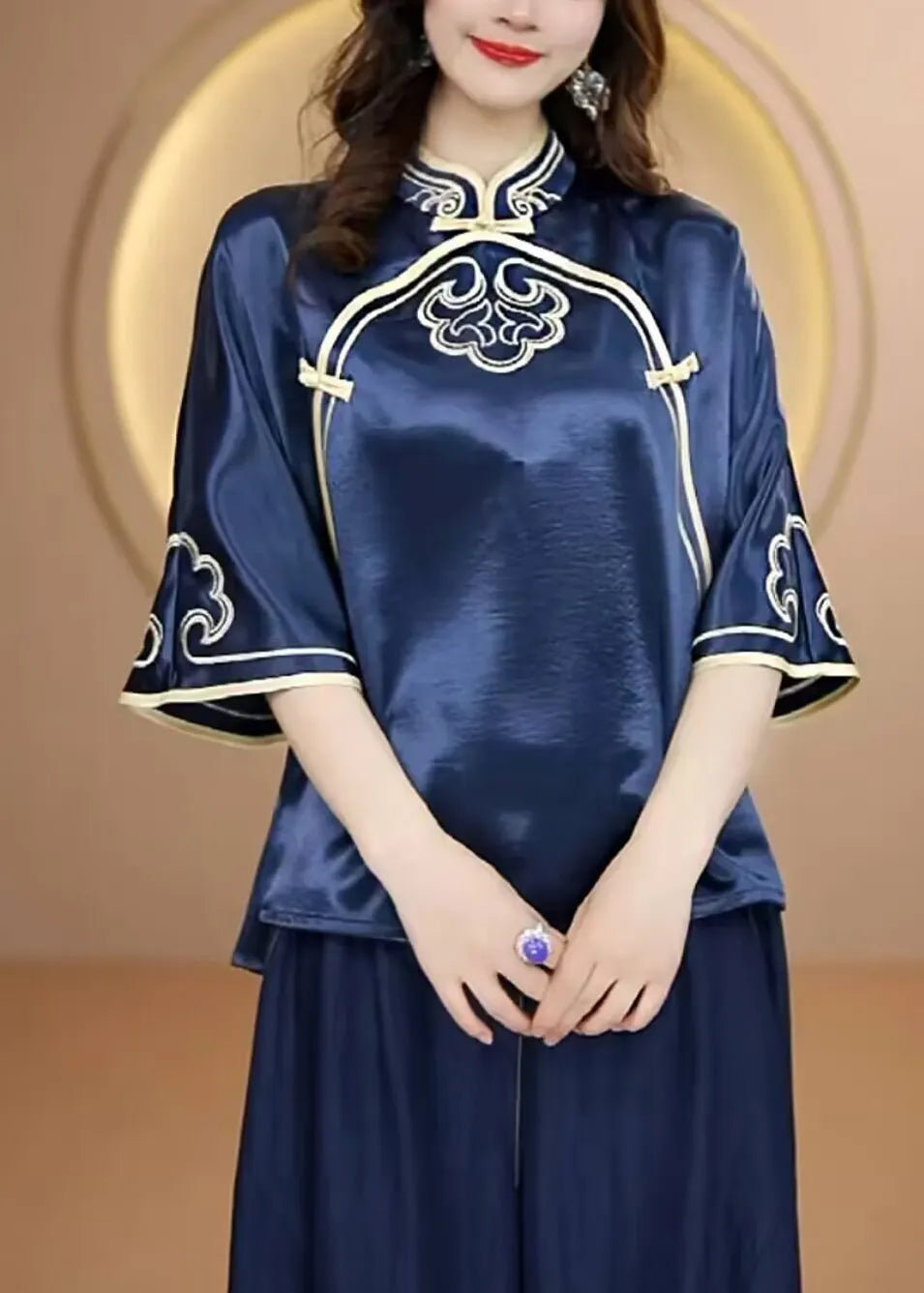 Navy Stand Collar Embroidered Silk Top Flare Sleeve