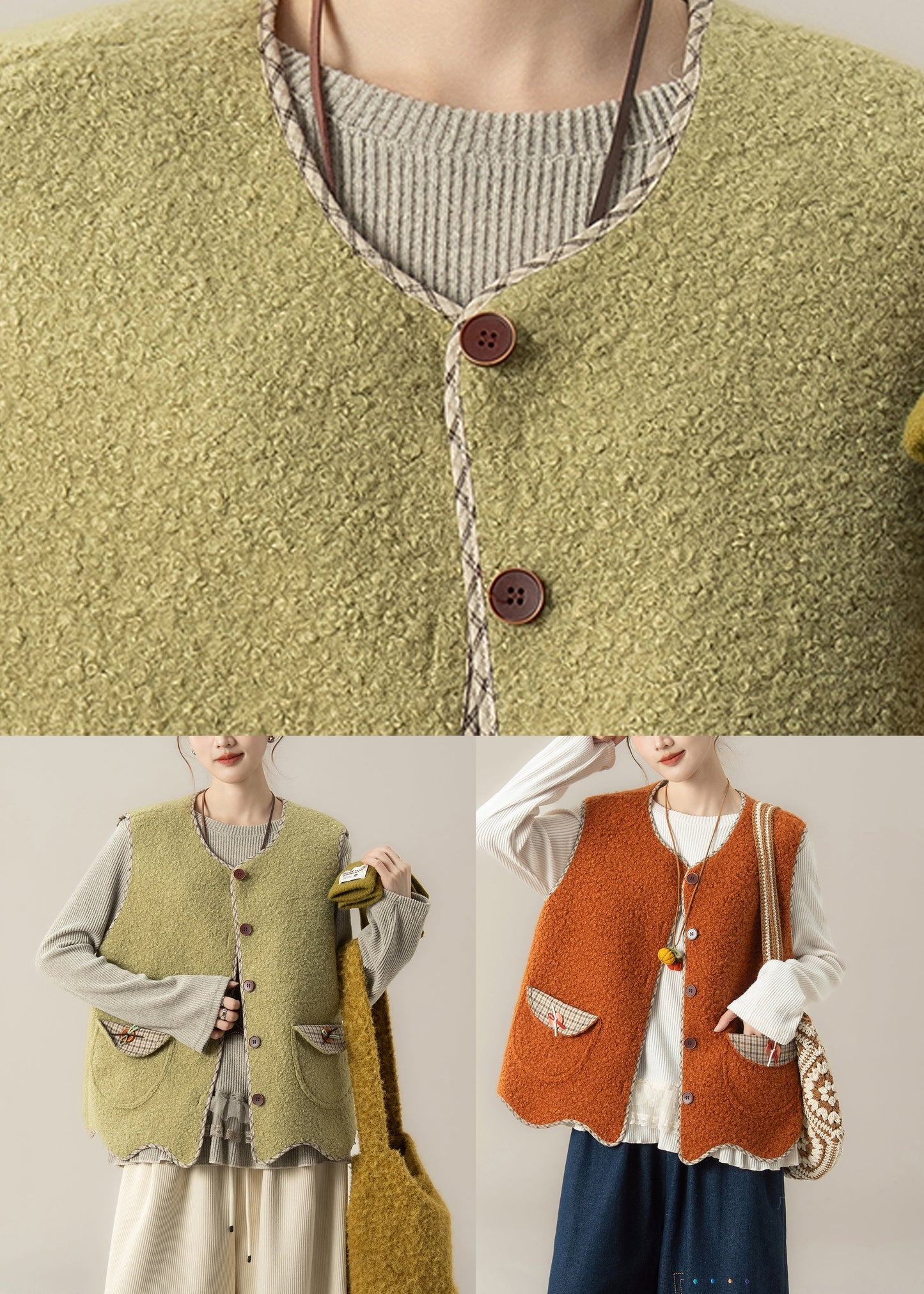Natural Orange O-neck Asymmetrical Faux Fur Waistcoat and Top Two Pieces Set Winter