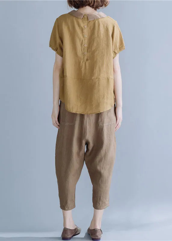 Khaki Peter Pan Collar Patchwork Linen Shirts Short Sleeve