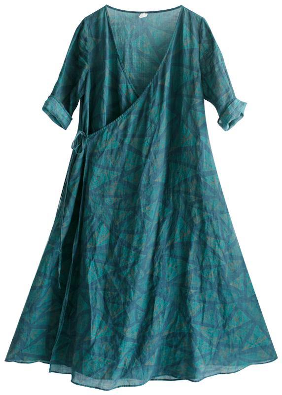 Natural V Neck Spring Quilting Clothes Blue Green Print Long Dresses