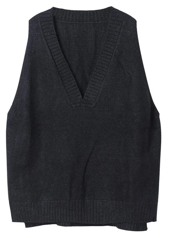 Khaki V Neck Side Open Sleeveless Knit Vest