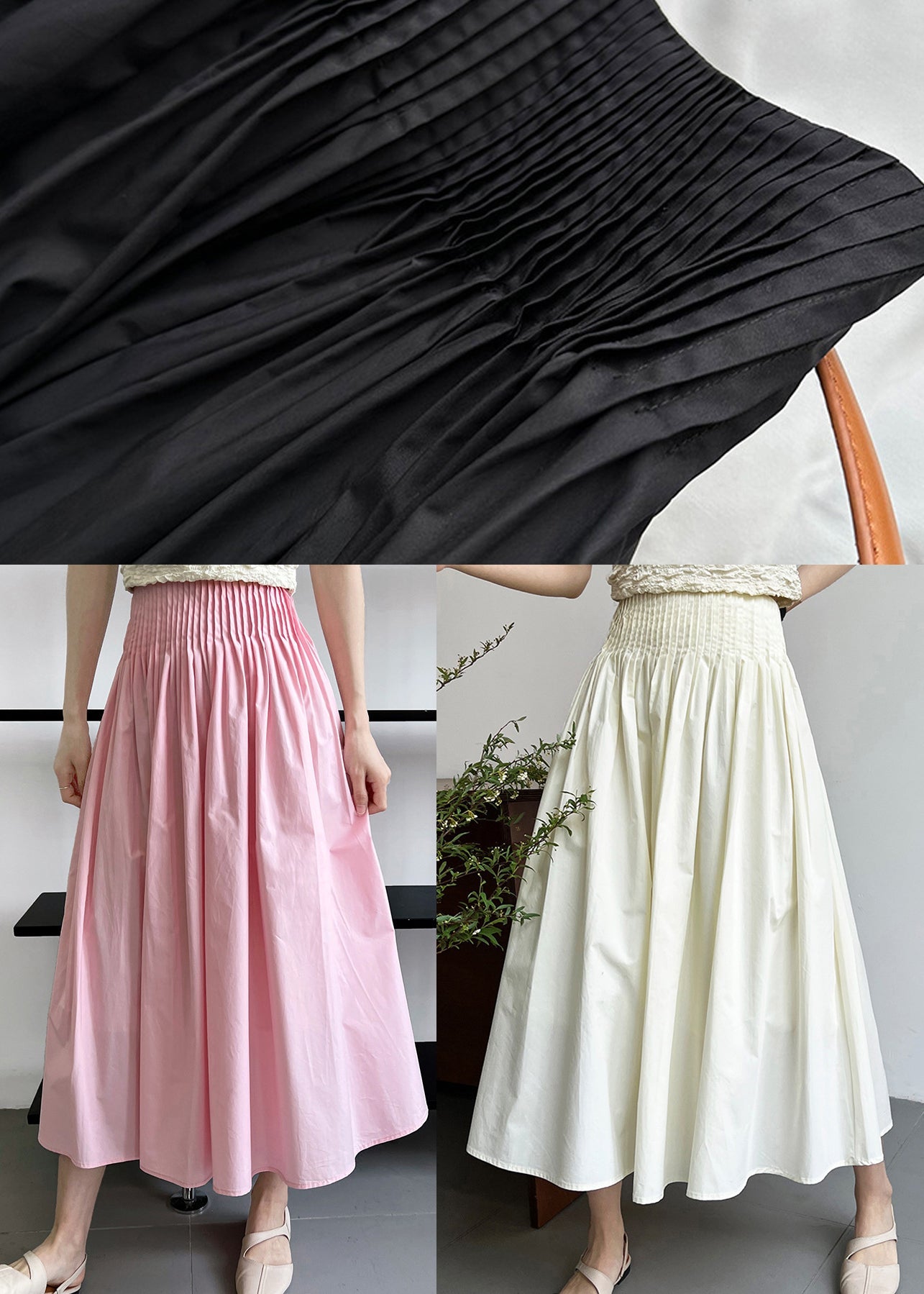 White Fine Cotton a Line Skirt High Waist Wrinkled Fall