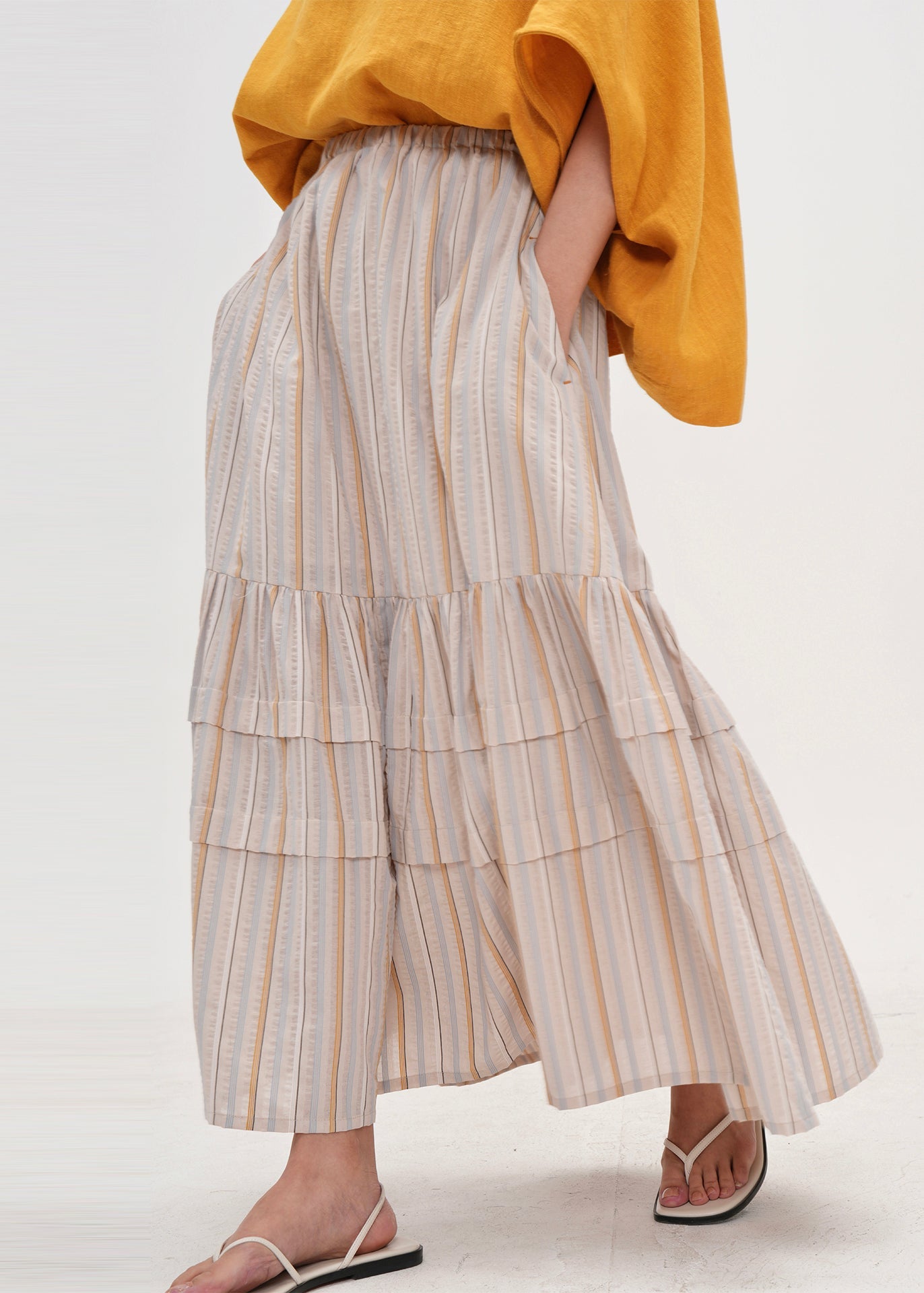 Apricot Striped Patchwork Cotton Skirt Summer