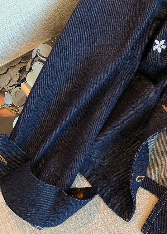 Navy Peter Pan Collar Embroidered Denim Coat Fall
