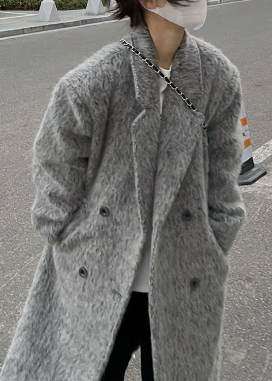 Grey Peter Pan Collar Pockets Patchwork Ma Hai Mao Coat Winter