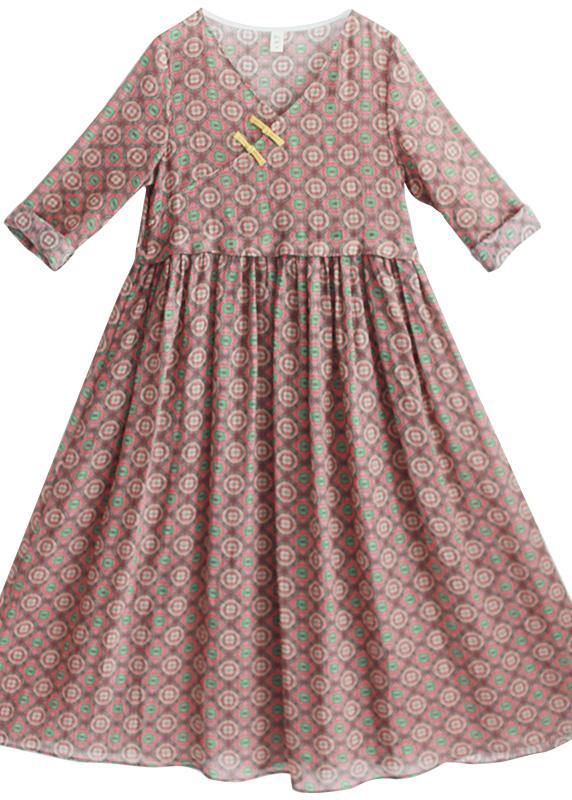 Natural V Neck Pockets Summer for Shirts Chocolate Print Robe Dress