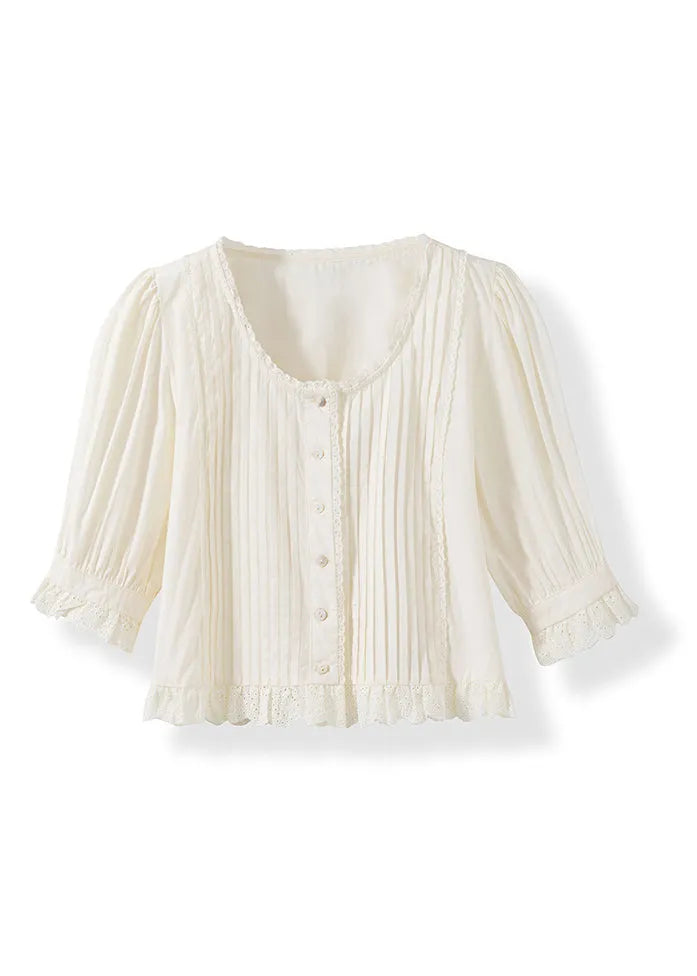White Wrinkled Lace Patchwork Cotton Top Summer