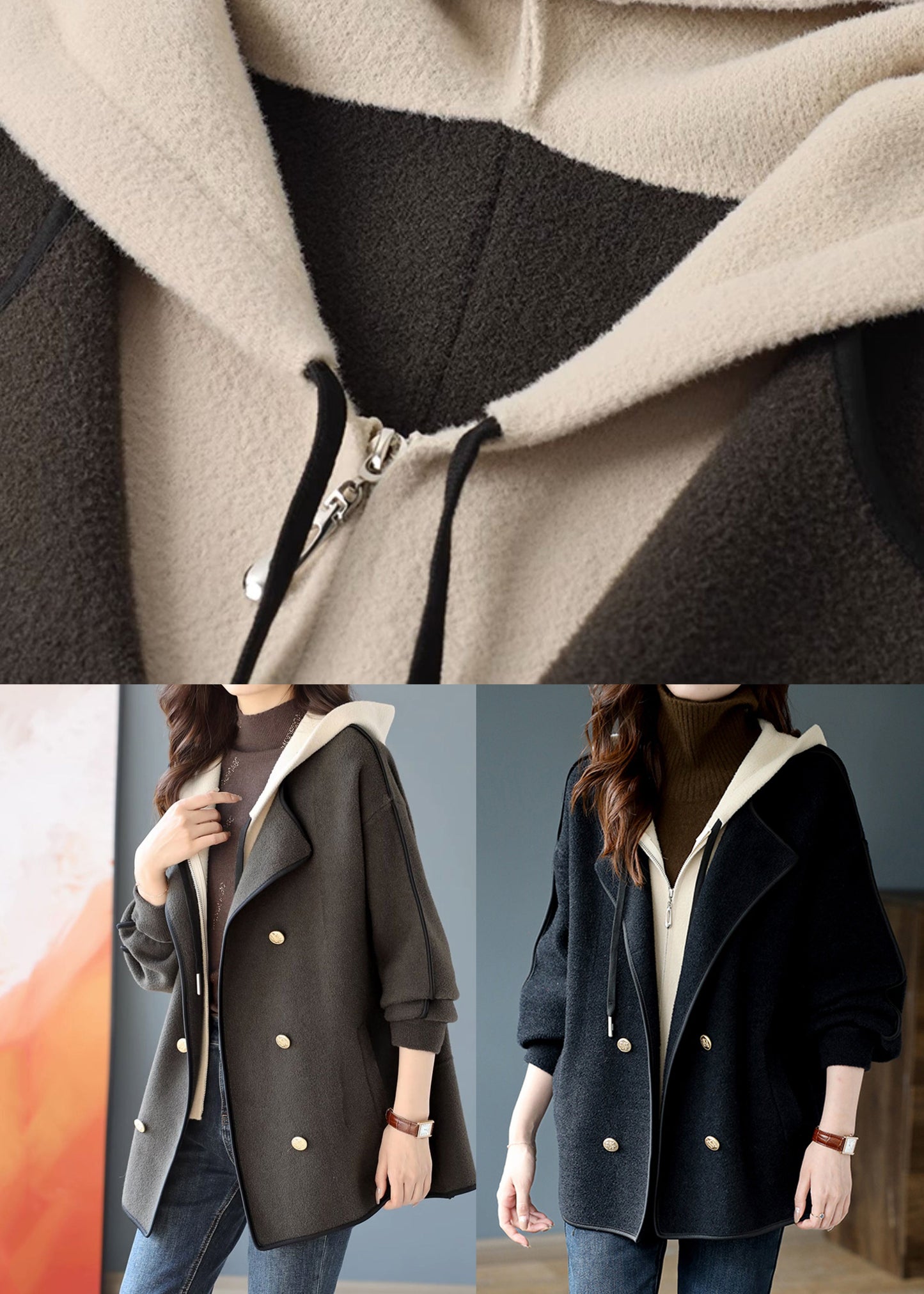 Black False Two Pieces Patchwork Woolen Hooded Coat Winter
