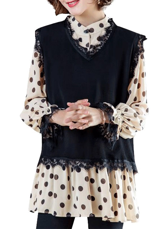 Black O-neck Waistcoat and Shirts Two Piece Set Fall