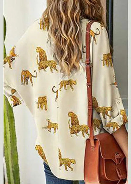Italian Light Yellow V Neck Animal Print Chiffon Shirt Long Sleeve