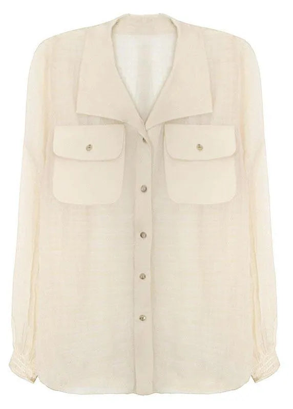 Art Beige Plaid Pockets Button Blouse Tops Summer