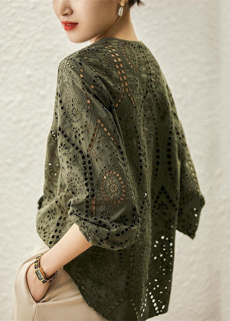 Light Khaki O Neck Hollow Out Cotton Blouses Long Sleeve
