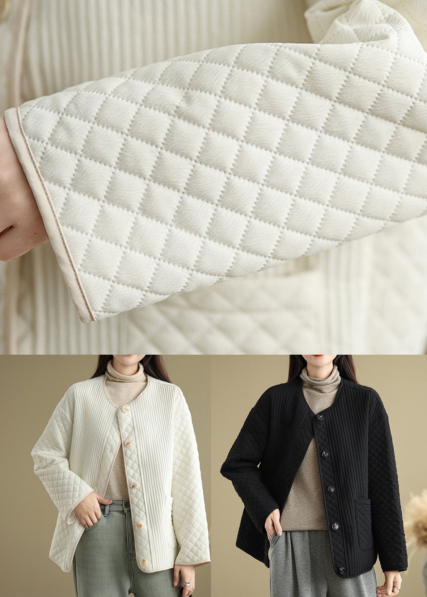 Black Pockets Button Fine Cotton Filled Coat O Neck Spring