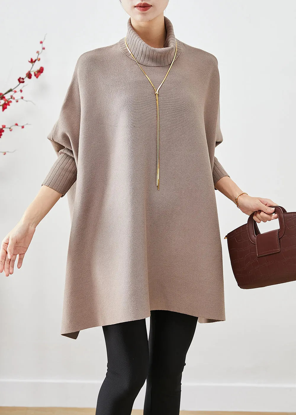 Khaki High Neck Patchwork Side Open Cotton Tops Batwing Sleeve