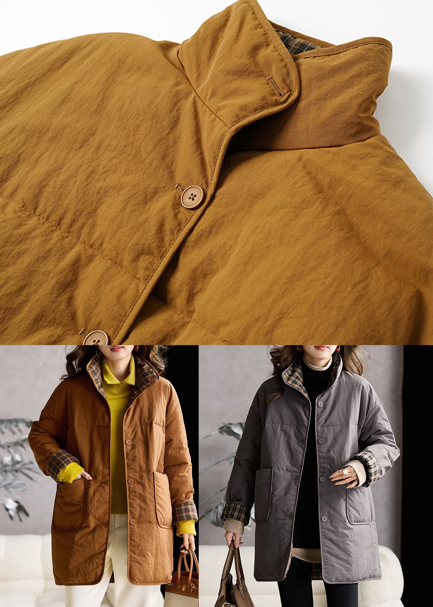 Yellow Stand Collar Wear on Both Sides Fine Cotton Filled Coat Winter