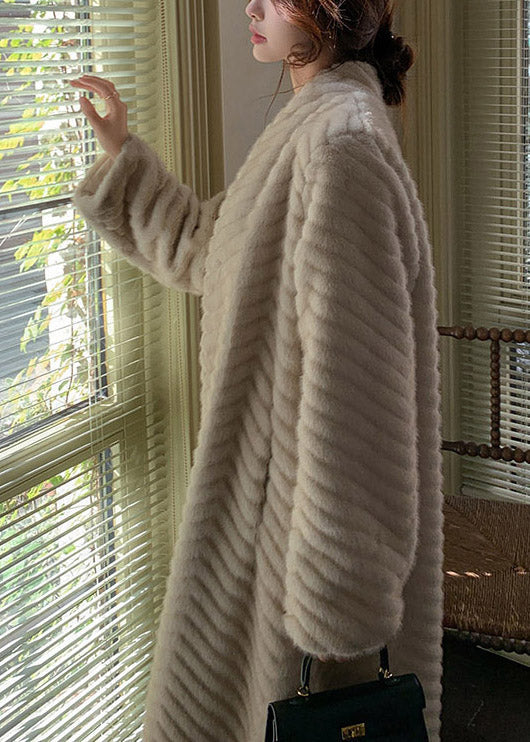 Beige Oversized Faux Mink Hair Trench Coats Winter