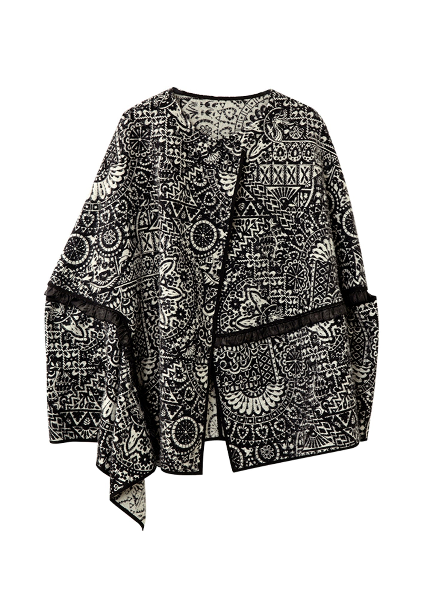 Black O Neck Ruffled Jacquard Woolen Coats Batwing Sleeve Fall