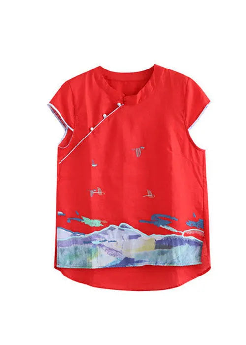 Red Embroideried Chinese Button Cotton Tank Short Sleeve