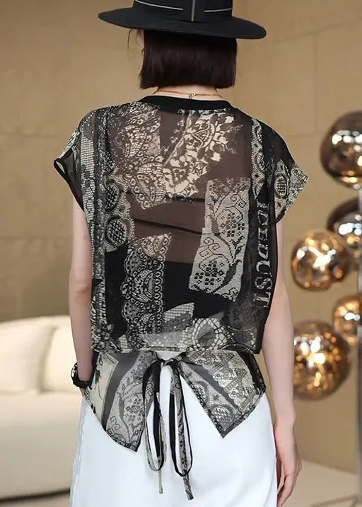 French Black Print Side Open Chiffon Shirt Top Summer