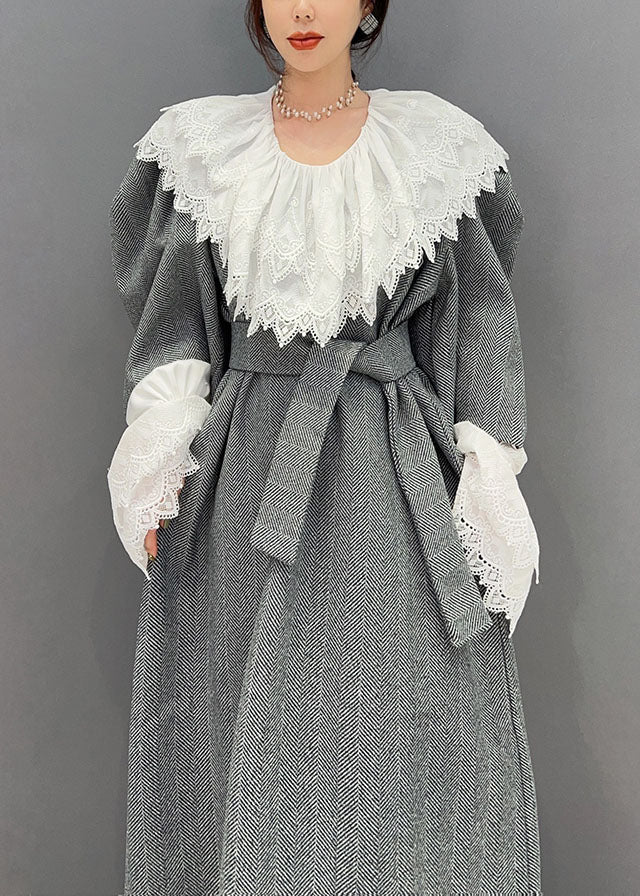 Grey Oversized Woolen Cinch Dress Two Pieces Set Spring