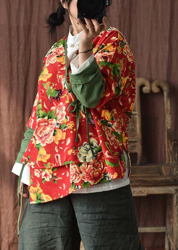 Red V Neck Print Lace Up Patchwork Cotton Coats Fall