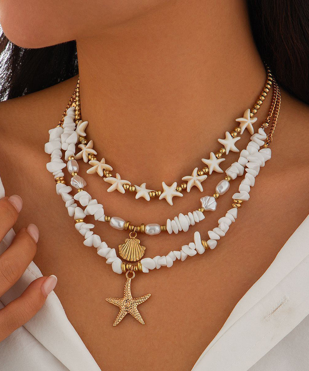 White Copper Starfish Shell Layered Pendant Necklace